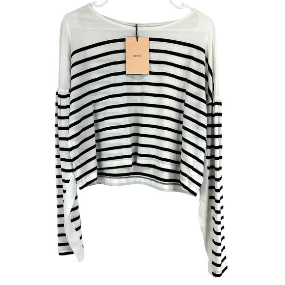La Ligne NWT Stripe Cotton Jersey White Black Long Sleeve Top Sz L Drop Shoulder - Picture 3 of 11